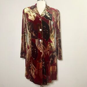 CLIO Petites Velvet Asian Fan Print Button Down Tunic Long Shirt Jacket Blazer